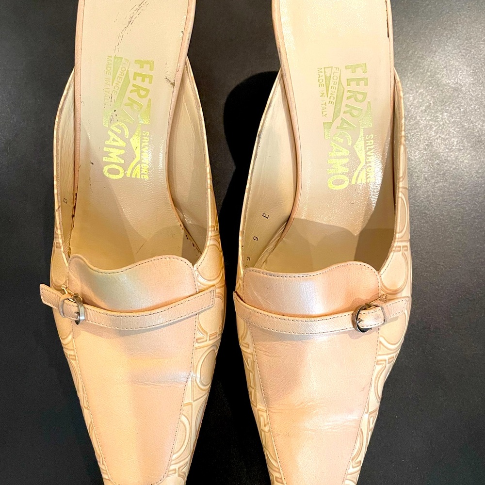 Salvatore Ferragamo Low Heel Logo closed toe beige mules.  Size 9B.